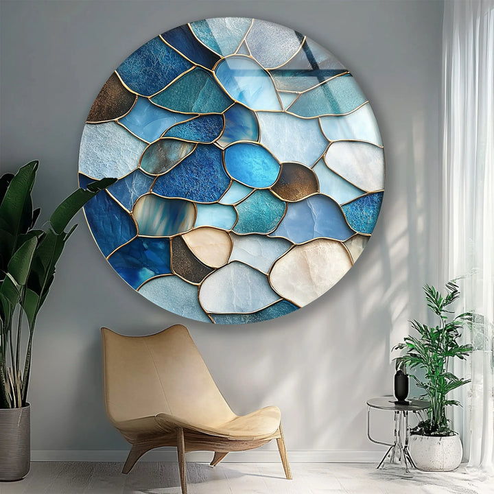 Coastal Blue Stone Mosaic Round Glass Wall Art - MyPhotoStation