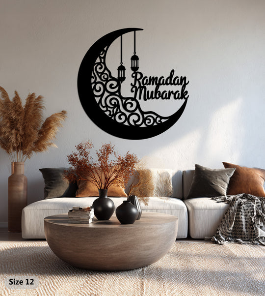Sunlight highlights the decorative metal art of a Ramadan crescent moon and lantern, creating a bright and elegant focal point in the room.