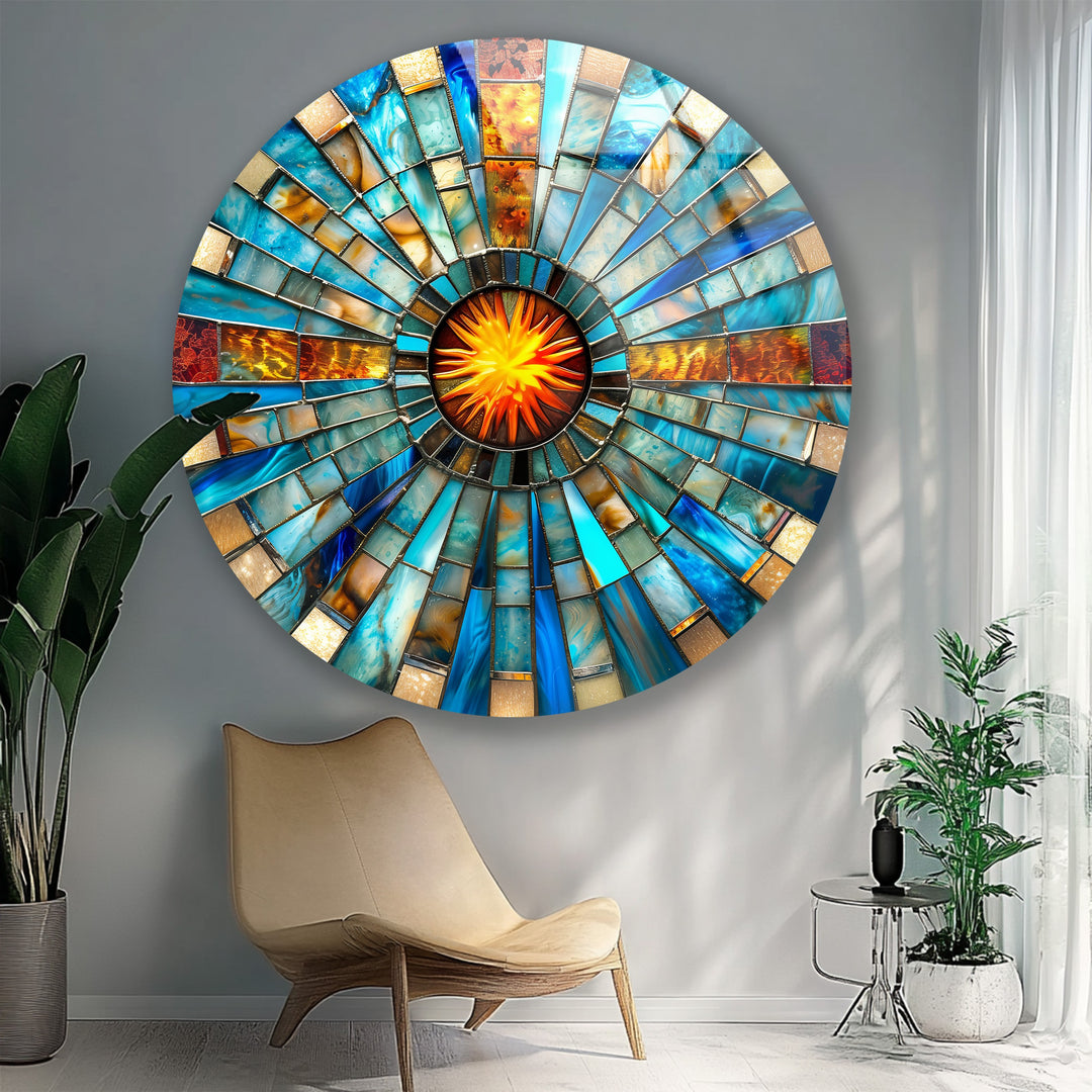 Solar Pulse – Blue & Amber Mosaic Round Glass Wall Art