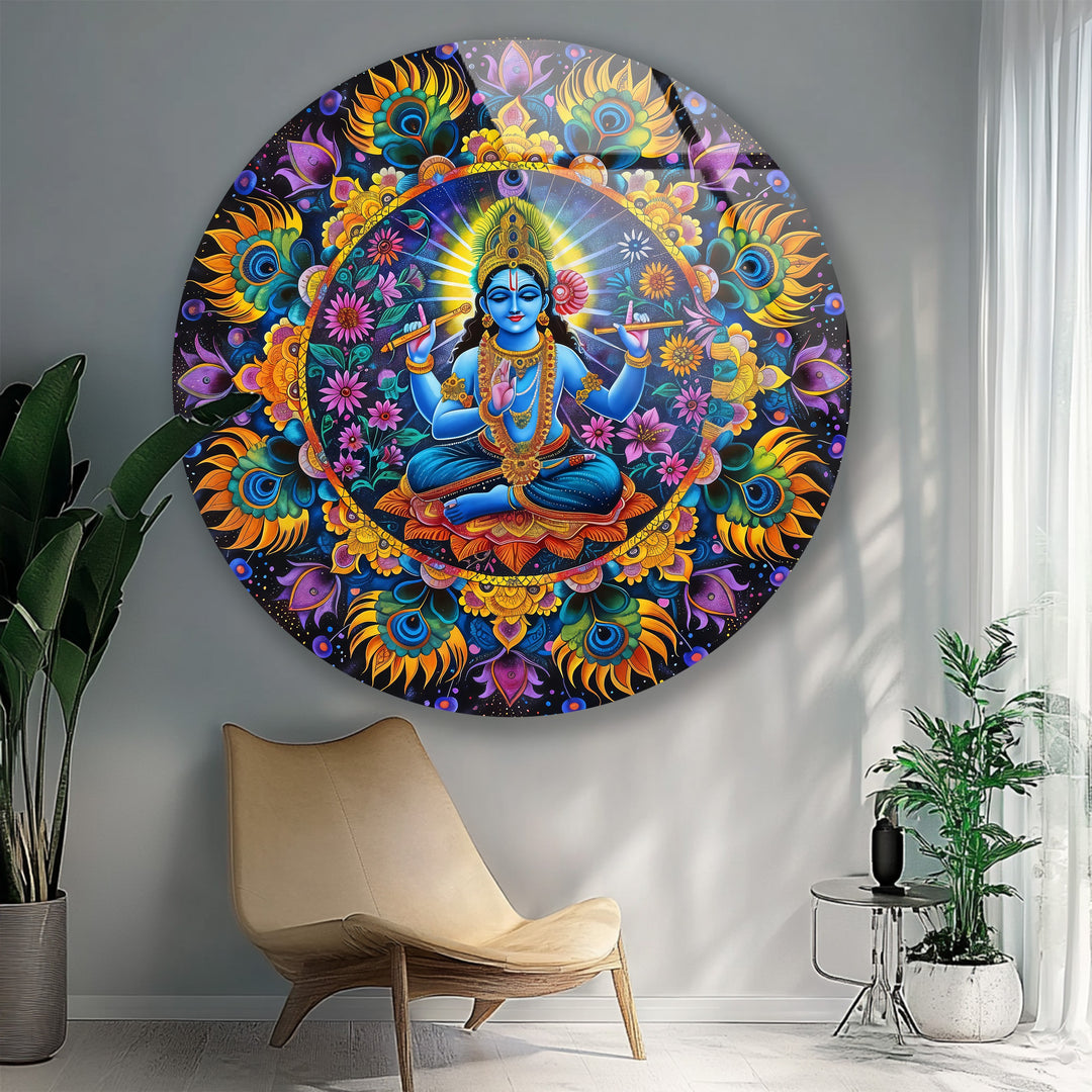 Hindu-inspired spiritual glass wall décor with mandala pattern