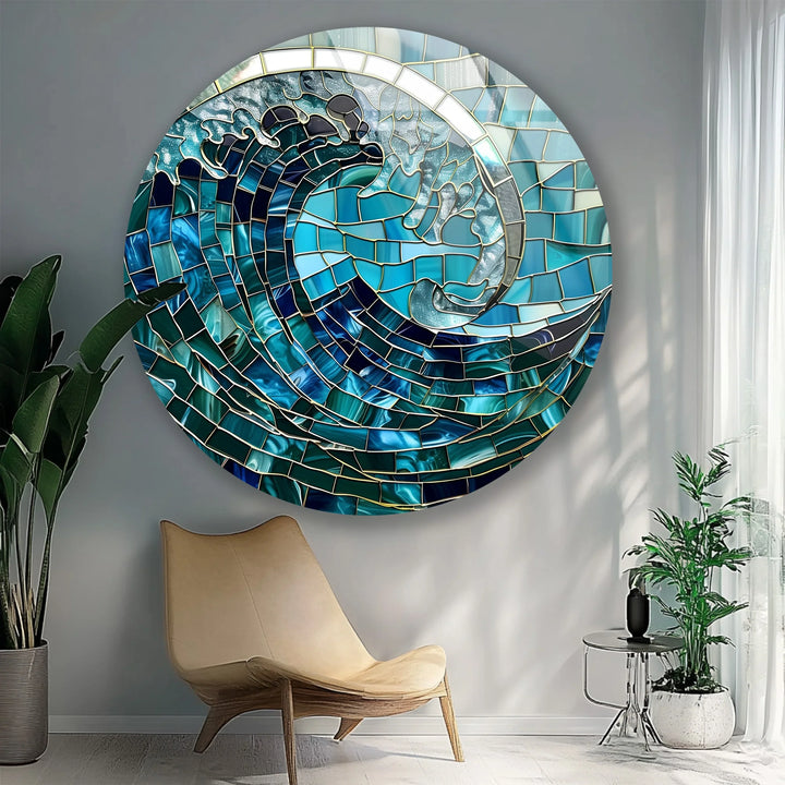 Ocean Wave Mosaic Round Glass Wall Art - MyPhotoStation