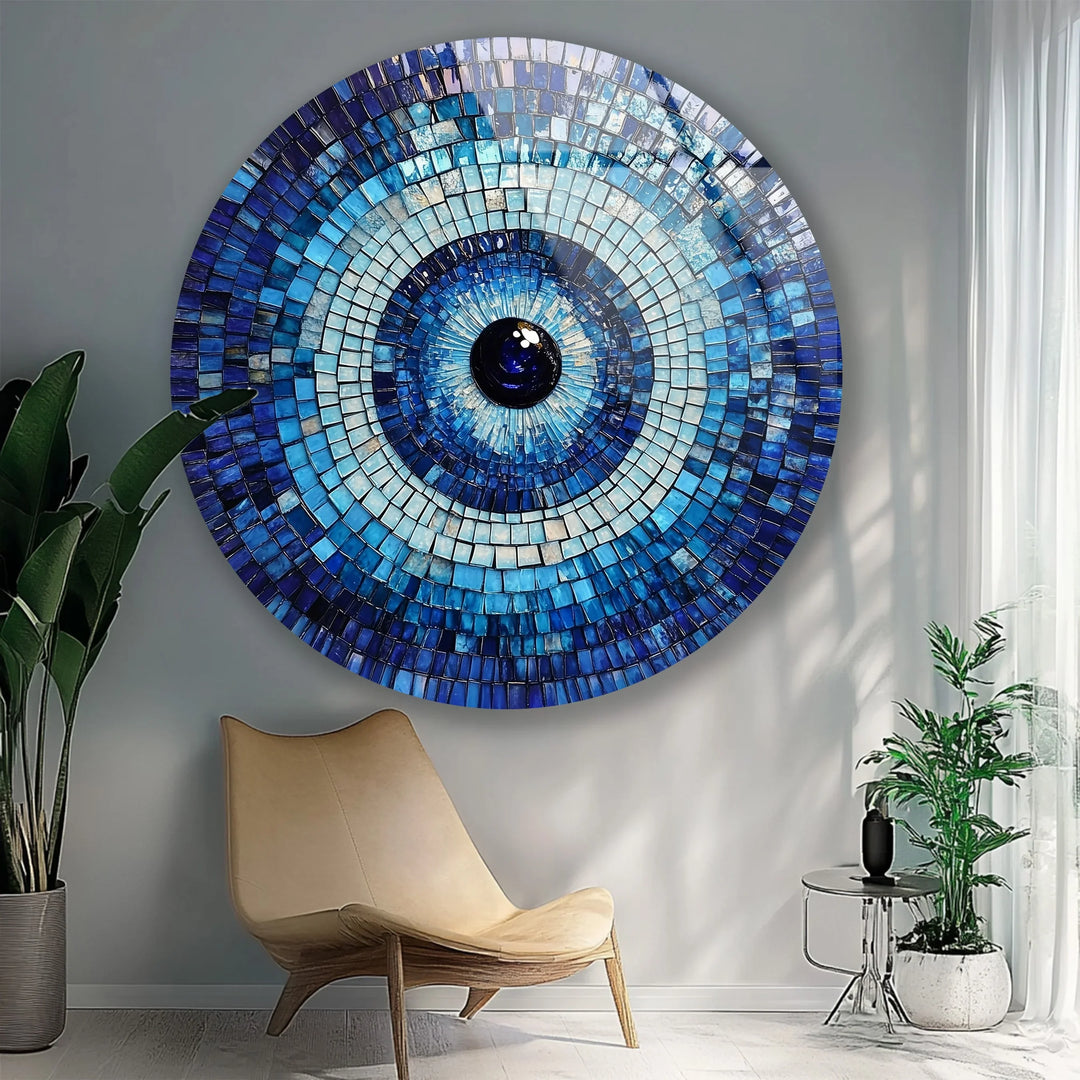 Blue Mosaic Evil Eye – Round Glass Wall Art - MyPhotoStation