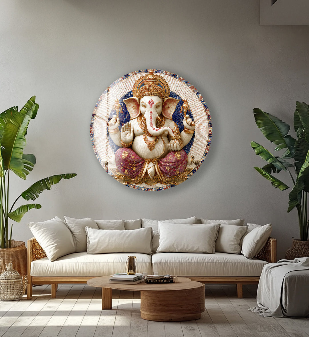 Golden Grace Ganesha – Round Glass Wall Art