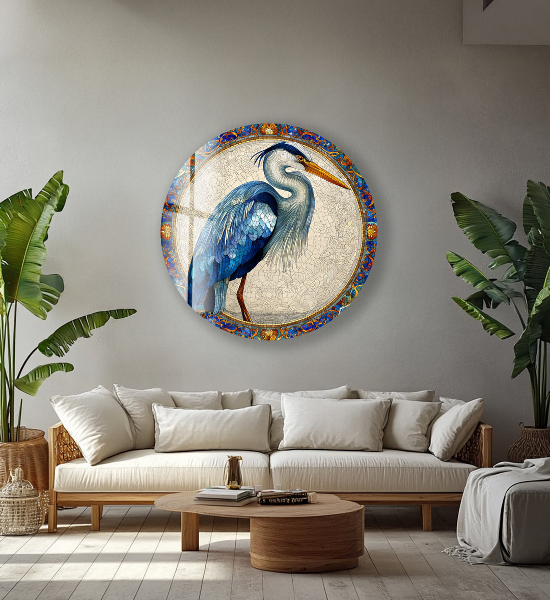 Regal Blue Heron – Round Glass Wall Art