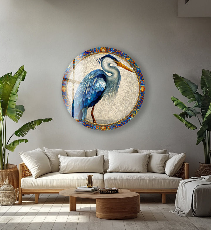 Regal Blue Heron – Round Glass Wall Art