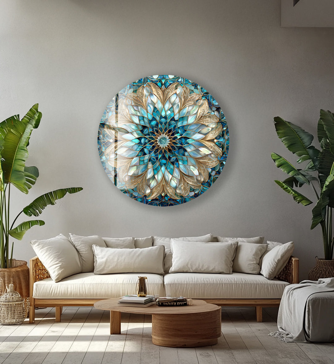 Celestial Bloom Mandala – Round Glass Wall Art