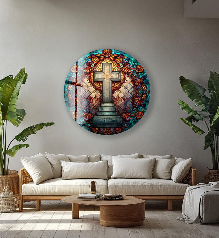 Golden Petal Harmony – Round Glass Wall Art