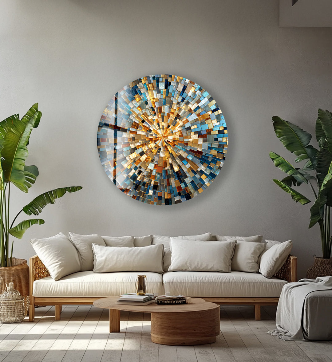 Radiant Skyline Mosaic – Round Glass Wall Art