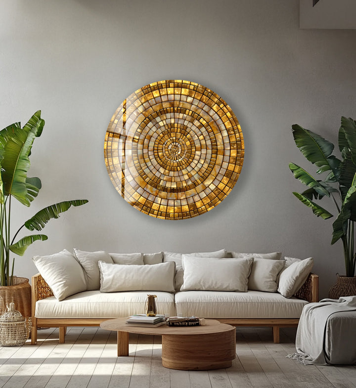 Golden Shimmering Mosaic – Round Glass Wall Art