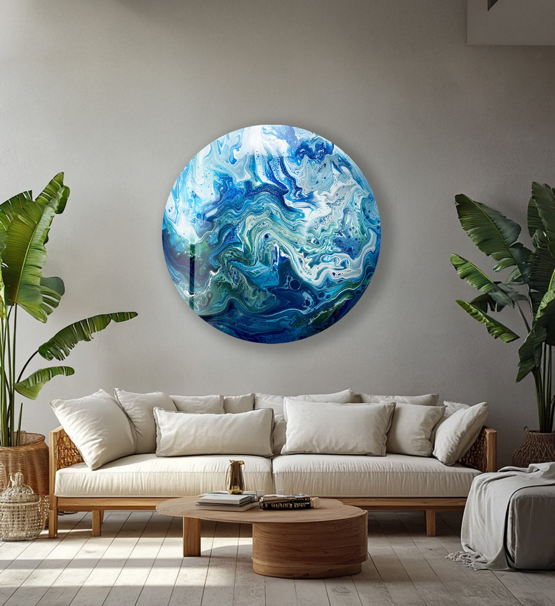 Ocean Veins – Blue Abstract Fluid Round Glass Wall Art