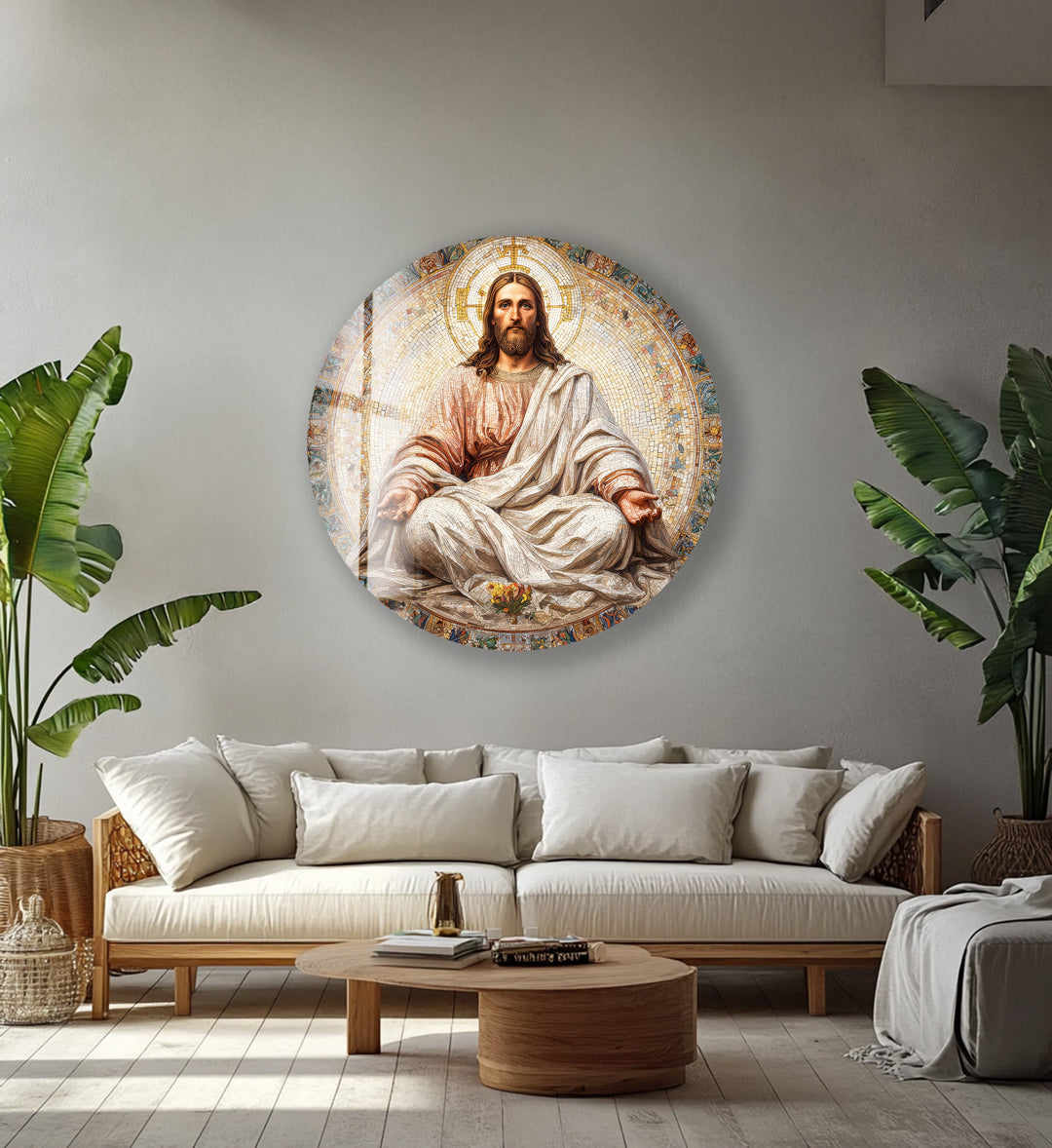 Radiant Christ in Serenity – Mosaic Round Glass Wall Art