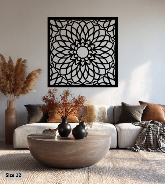 A radiating pattern in the mandala metal wall art creates a sense of dynamic flow, offering a focal point of unique metal wall art in a modern home decor setting.