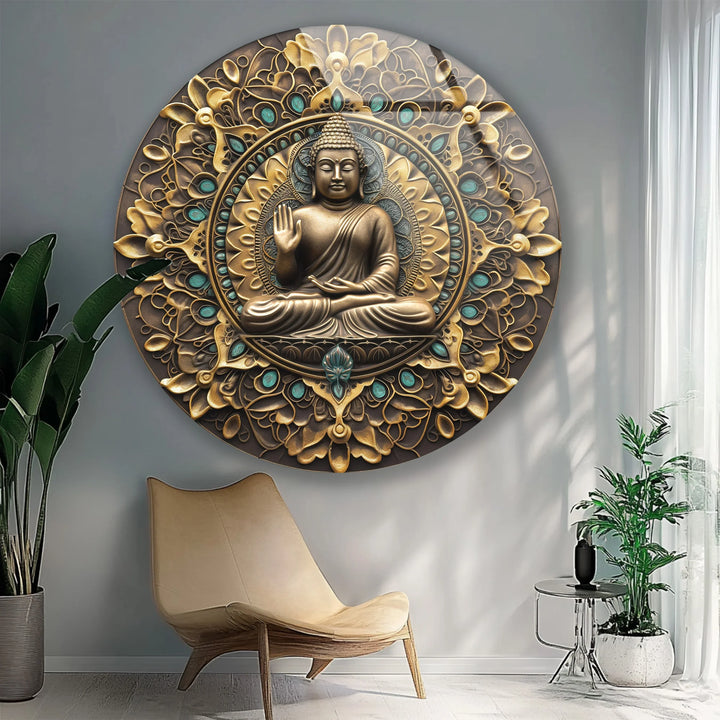 Golden Mandala Buddha – Ornate Round Glass Wall Art - MyPhotoStation