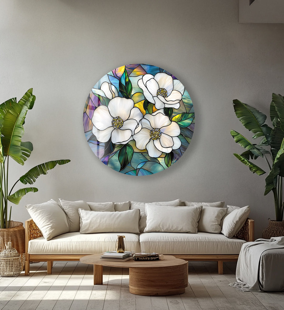 Ivory Bloom Harmony – Round Glass Wall Art