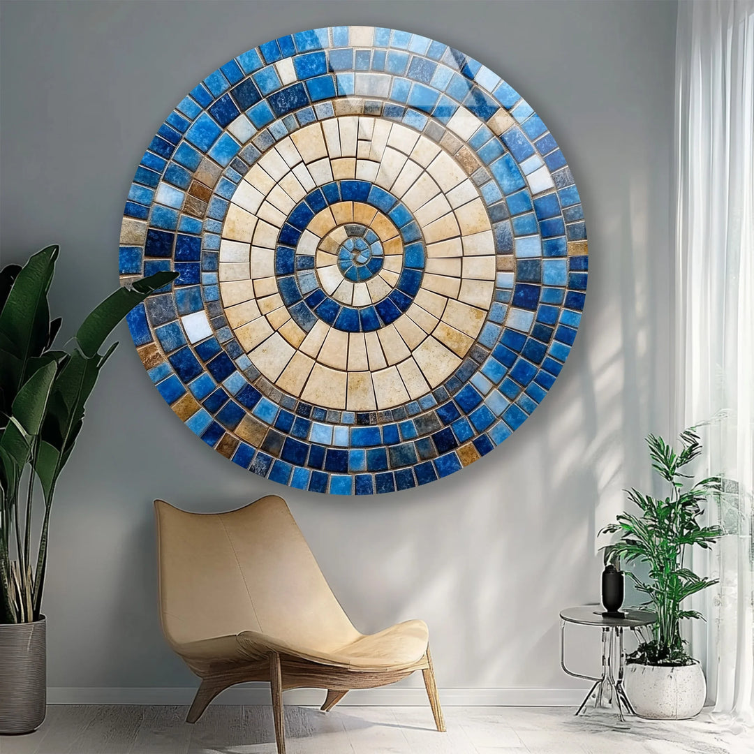 Coastal Sunburst – Beige & Blue Round Glass Wall Art - MyPhotoStation