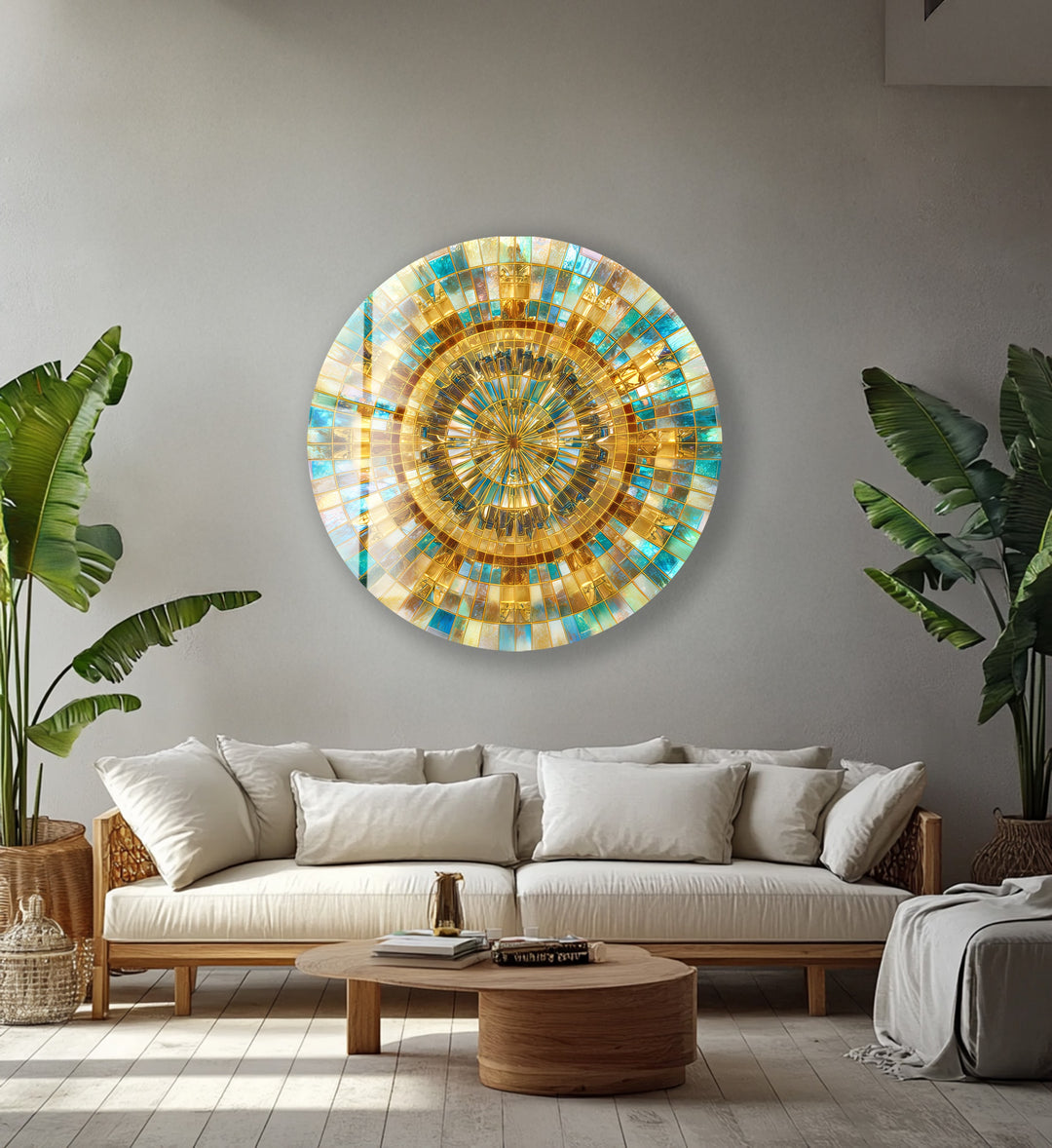 Radiant Gold and Aqua – Mandala Round Glass Wall Art