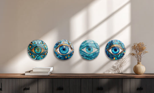 This mosaic round set is blue evil eye glass wall art and a spiritual and modern round décor set bringing harmony and protection as wall art