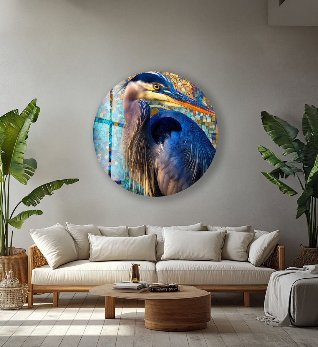 Azure Watchful Heron – Round Glass Wall Art