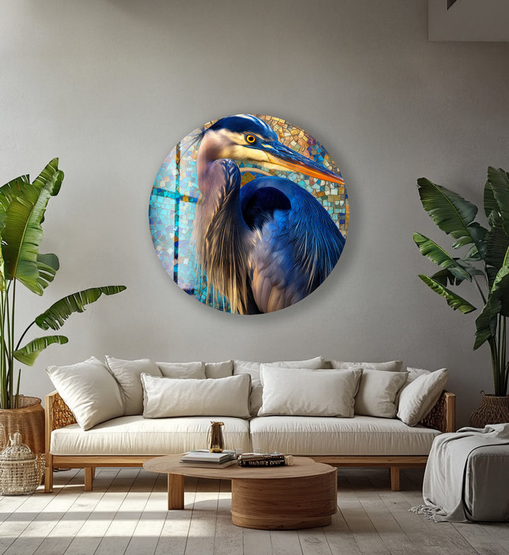 Azure Watchful Heron – Round Glass Wall Art