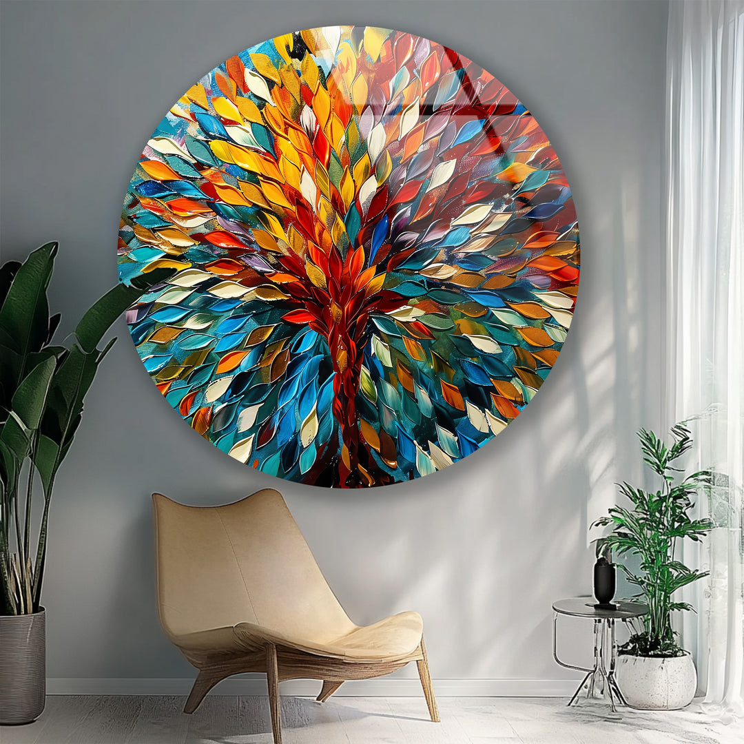 Eternal Bloom – Vibrant Tree of Life Round Glass Wall Art