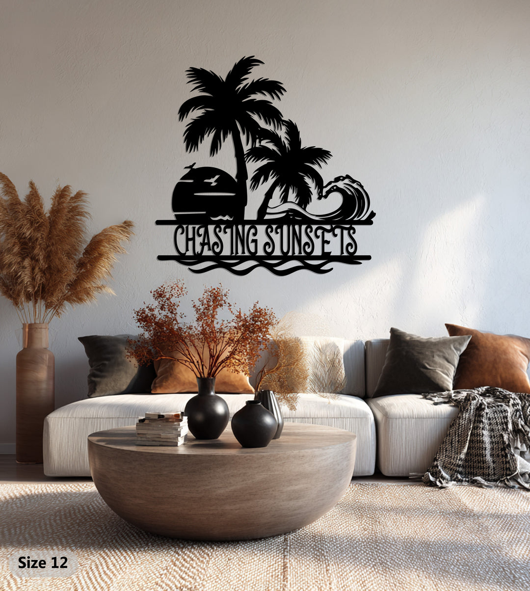 Chasing Sunsets Metal Wall Art – Palm Tree & Ocean Wave Design