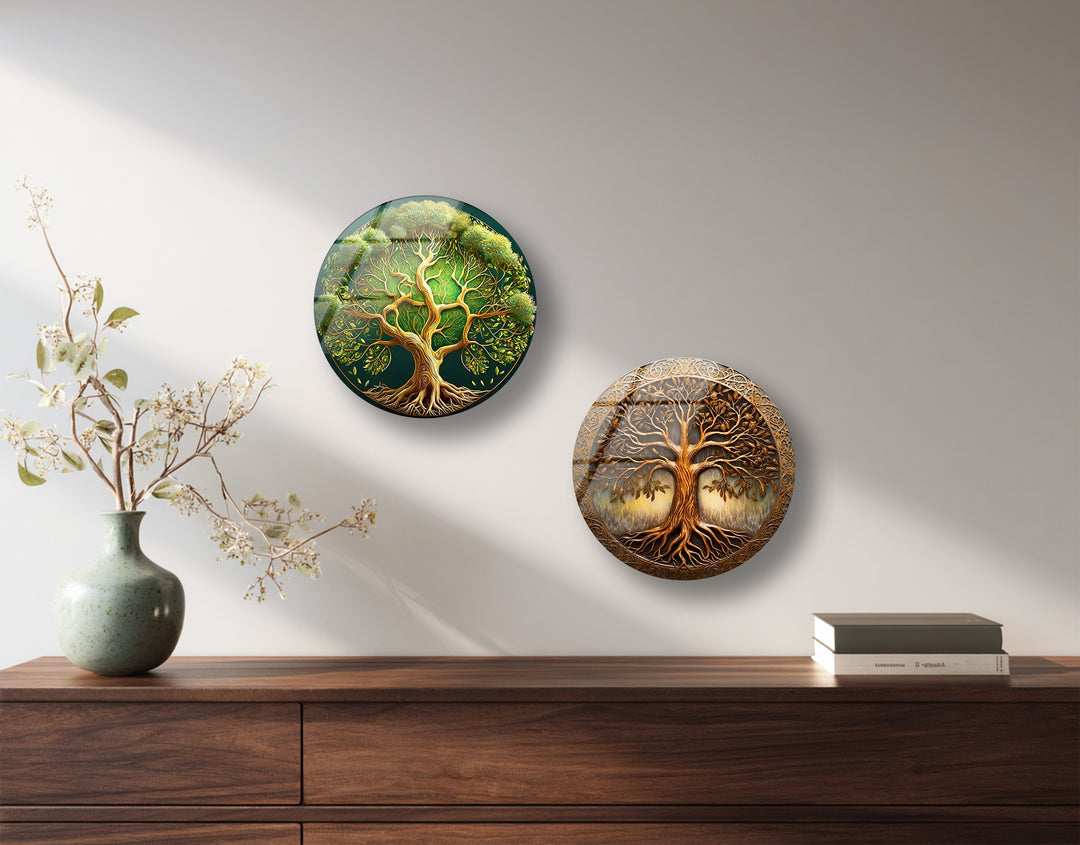 Tree of Life Round Glass Wall Art Set – Spiritual Nature-Inspired Decor
