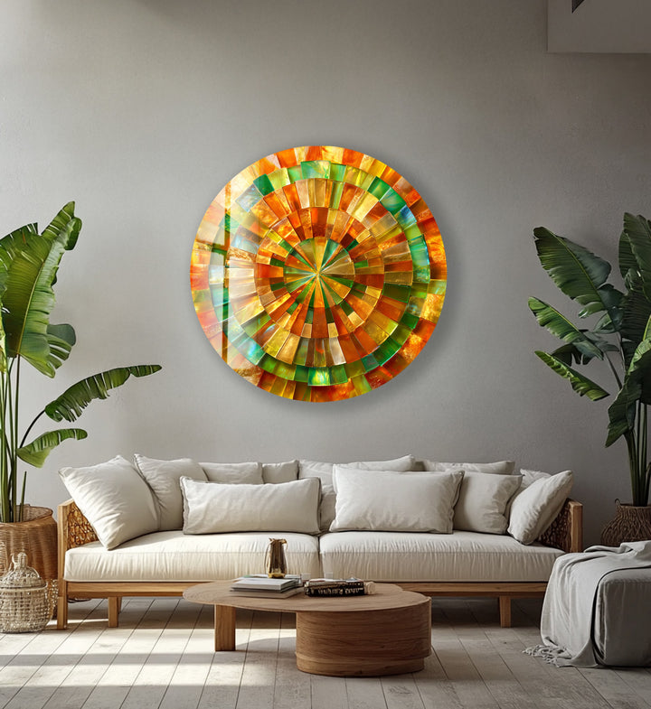 Verdant Sun Spiral – Round Glass Wall Art