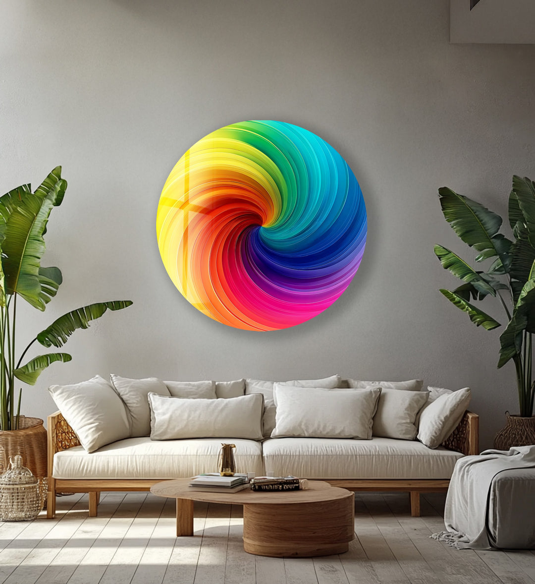 Vortex of Color – Rainbow Swirl Round Glass Wall Art