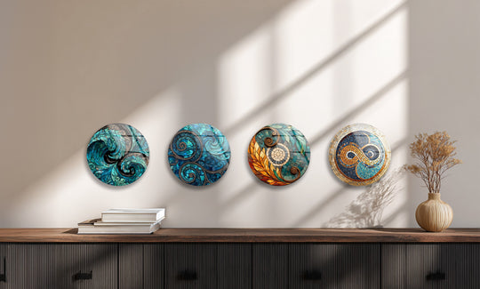 Round set glass wall art features abstract swirl mosaic in blue and gold hues and it's a harmony quartet and decorative circle for unique wall decor