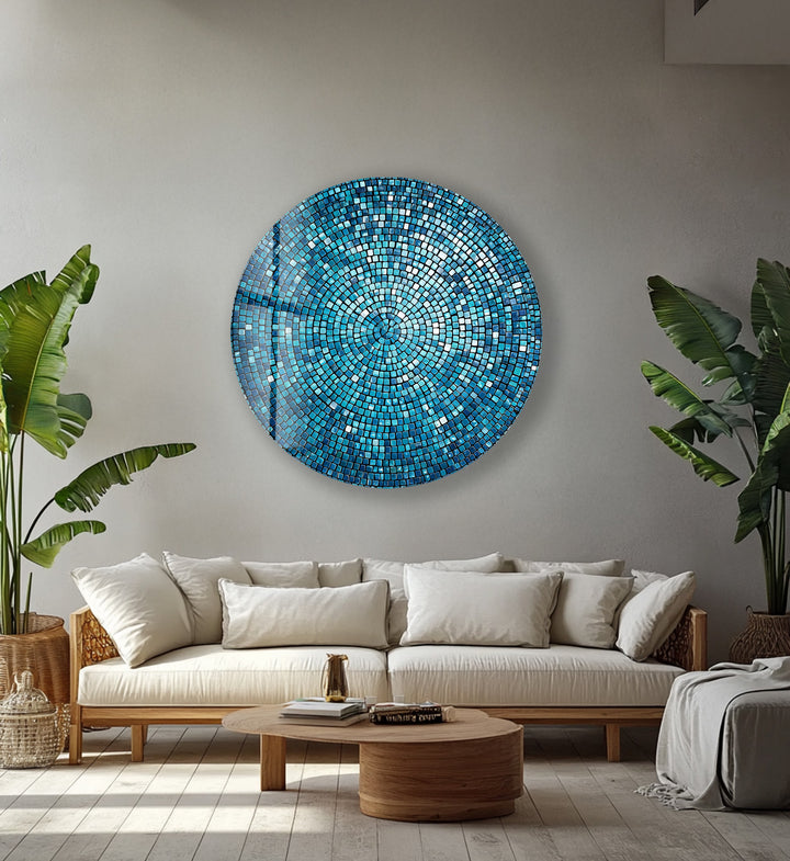 Azure Radiance Mosaic – Round Glass Wall Art