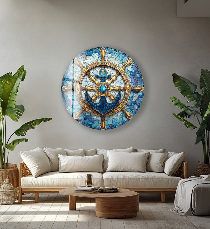 Nautical Helm & Anchor – Round Glass Wall Art