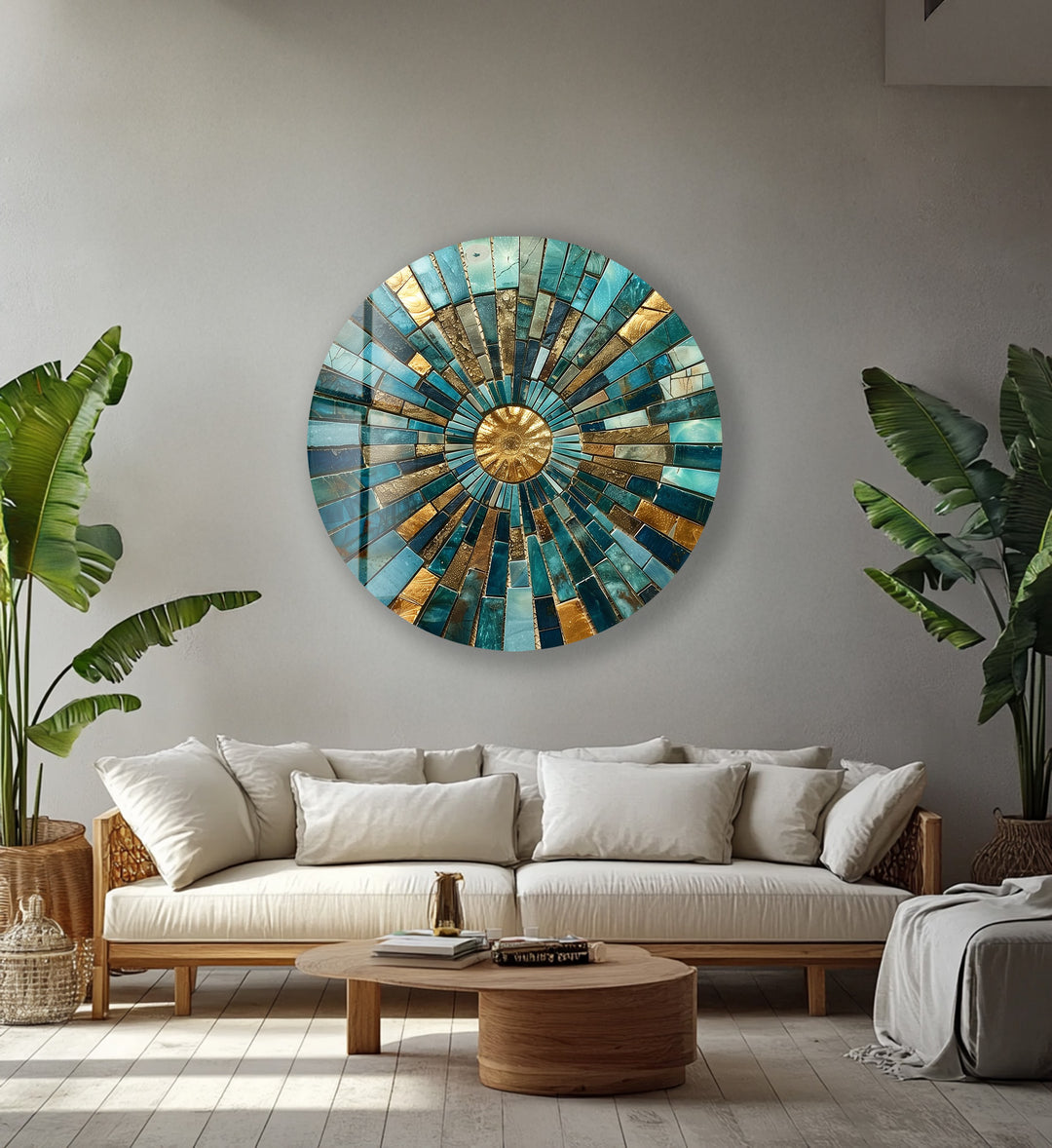 Golden Horizon – Turquoise Mosaic Round Glass Wall Art