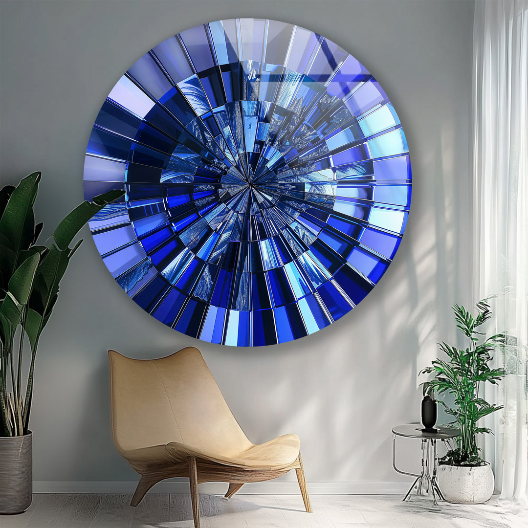 Midnight Radiance – Deep Blue Reflective Round Glass Wall Art