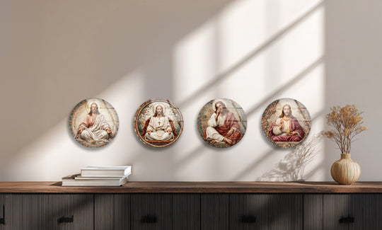 Round Jesus Christ mosaic glass wall art and sacred grace glass wall art set shows faith inspired decor with tempered glass shine