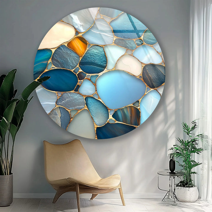 Blue Stone Mosaic Round Glass Wall Art - MyPhotoStation