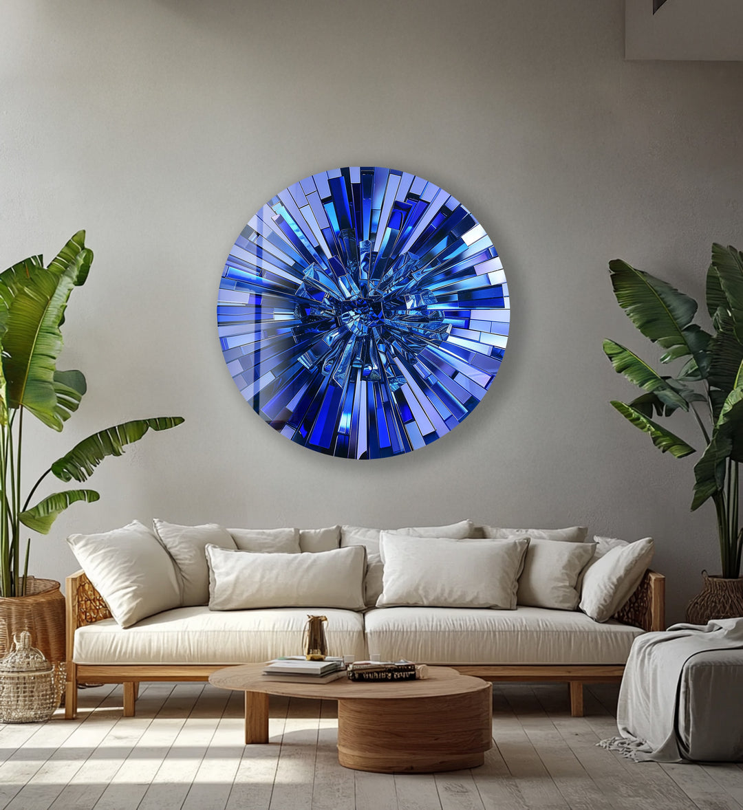 Sapphire Burst – Modern Blue Mosaic Round Glass Wall Art