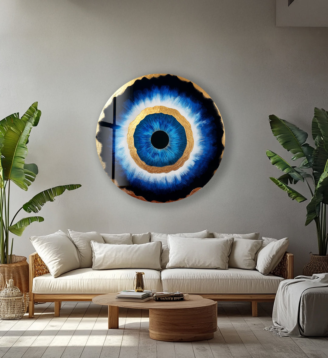 Golden Aura – Blue Eye Round Glass Wall Art