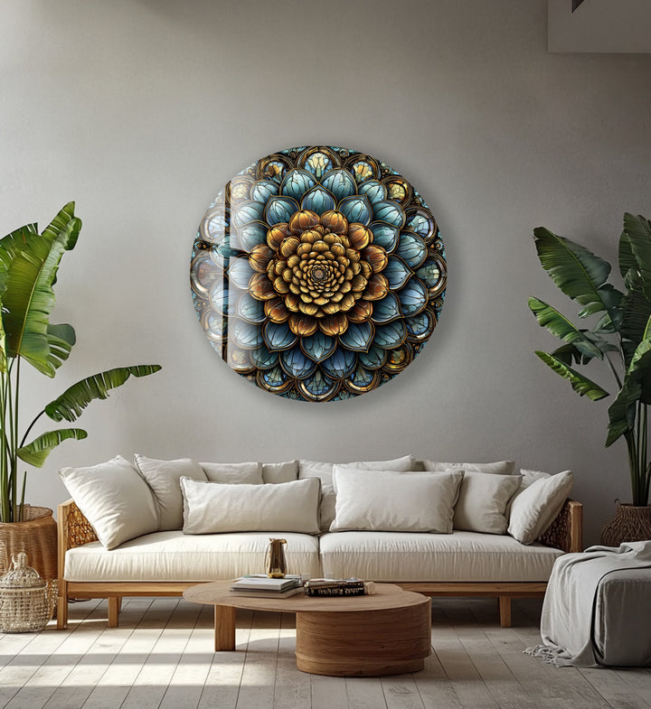 Golden Mandala Bloom – Round Glass Wall Art