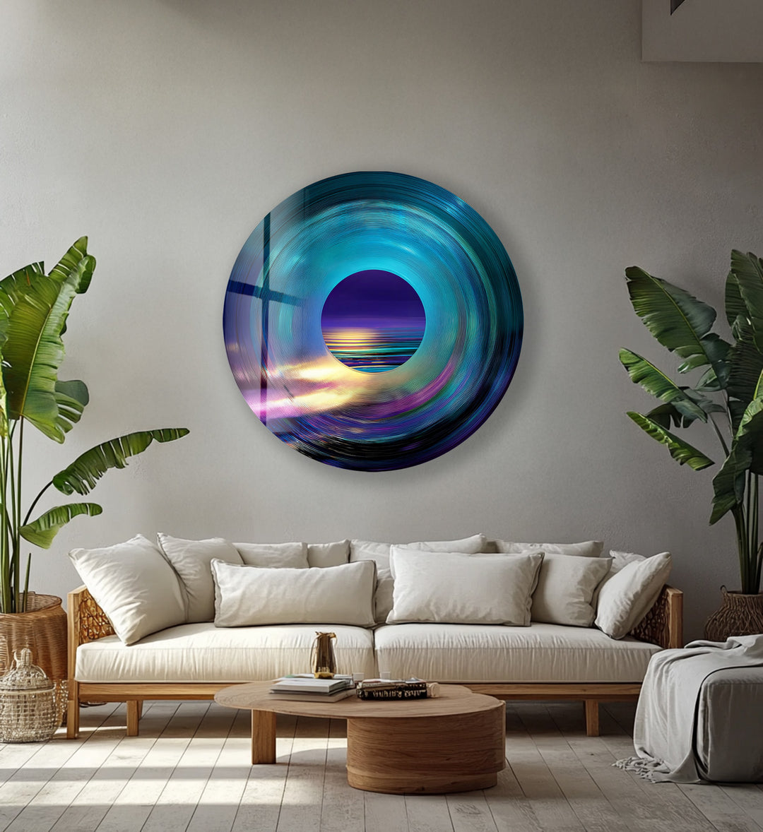 Luminous Horizon – Abstract Ocean View Round Glass Wall Art