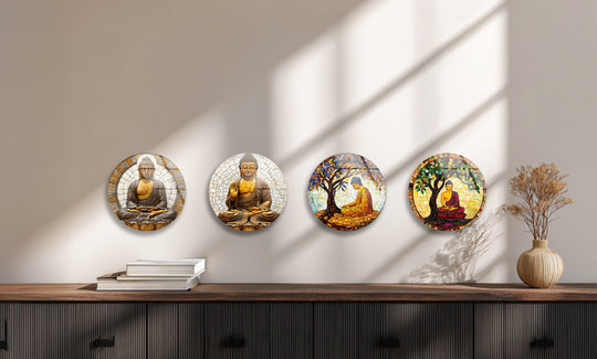 This round set is Buddha mosaic round glass wall art featuring peaceful golden and amber tones and inspiring serenity with this enlightenment home decor