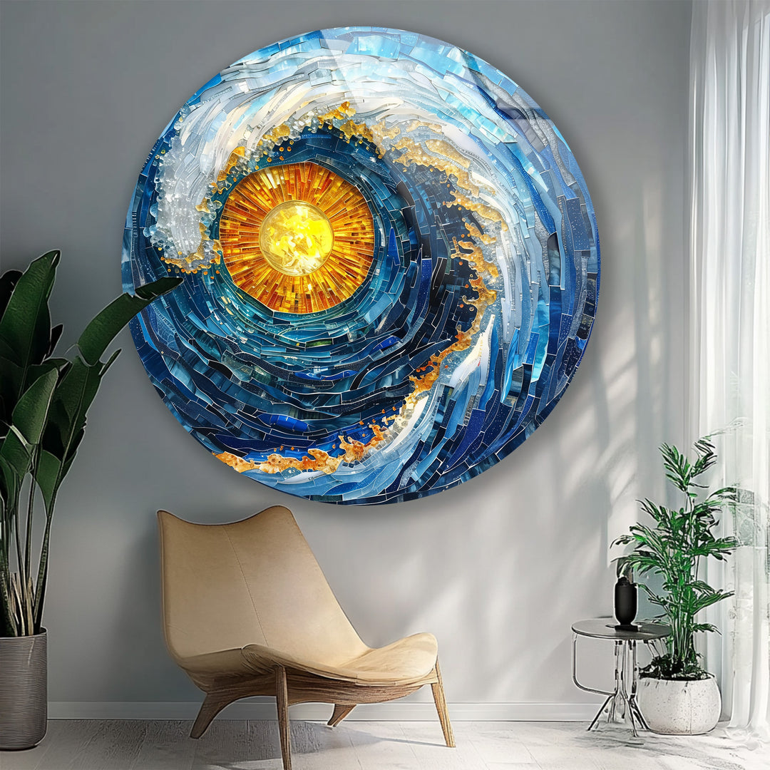 Solar Tide – Blue Wave Mosaic Round Glass Wall Art