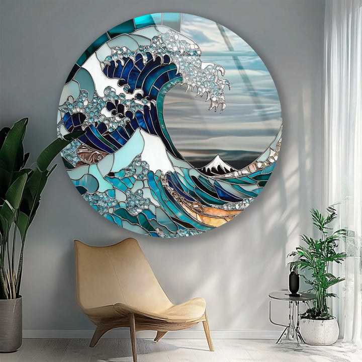 Great Wave Mosaic – Round Glass Wall Art - MyPhotoStation