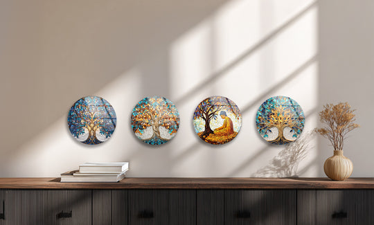 Round glass wall art shows trees with golden harmony colors and intricate design and it is elegant wall decor and tree art