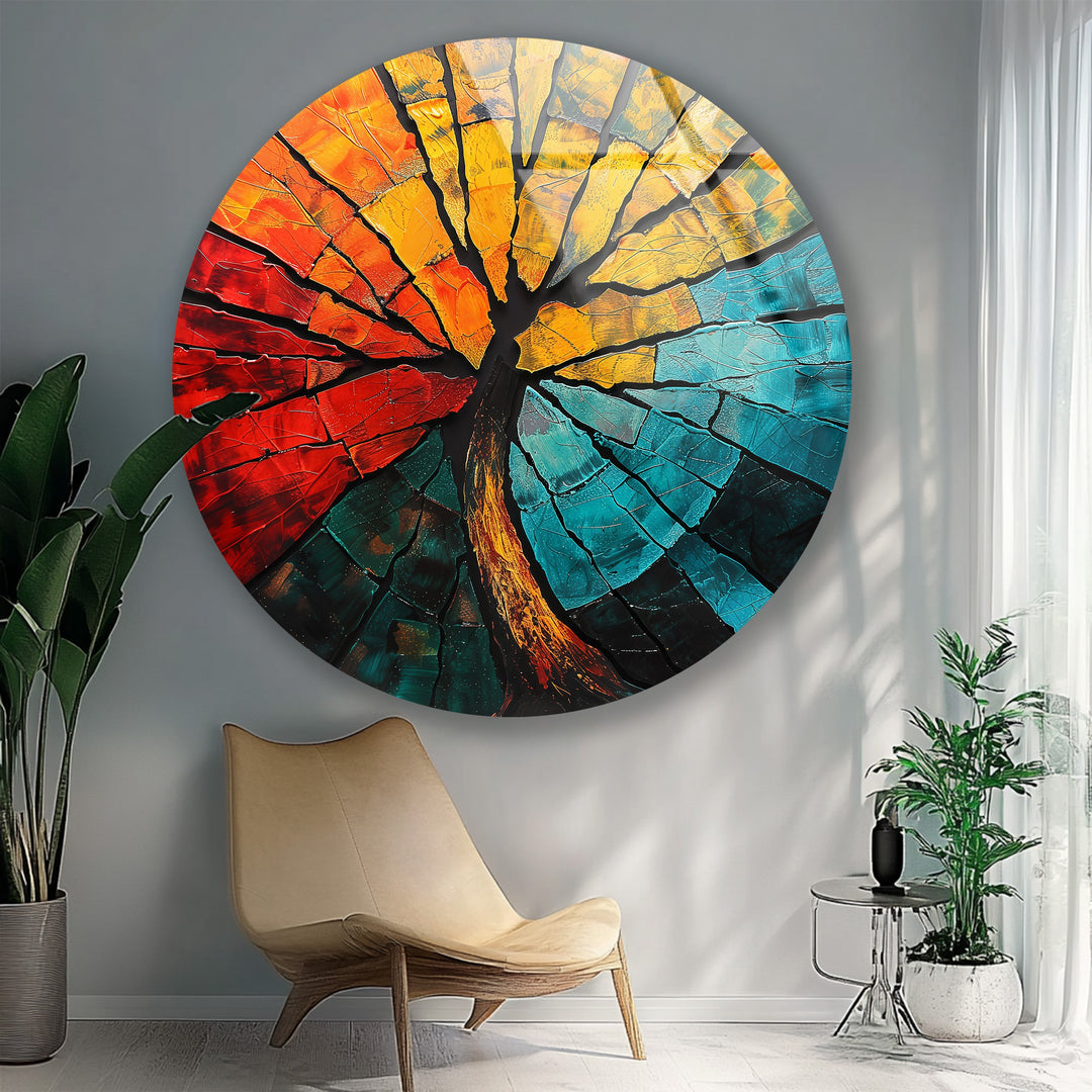Elemental Fusion – Fiery Abstract Tree Round Glass Wall Art