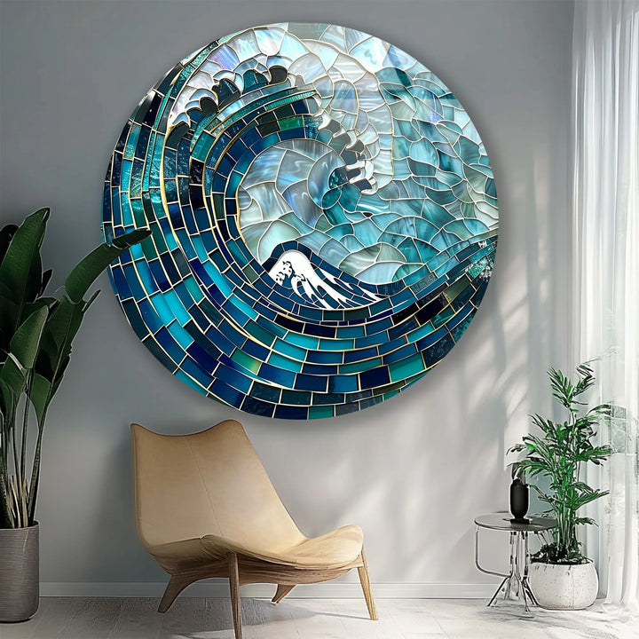 Deep Sea Wave Mosaic Round Glass Wall Art - MyPhotoStation