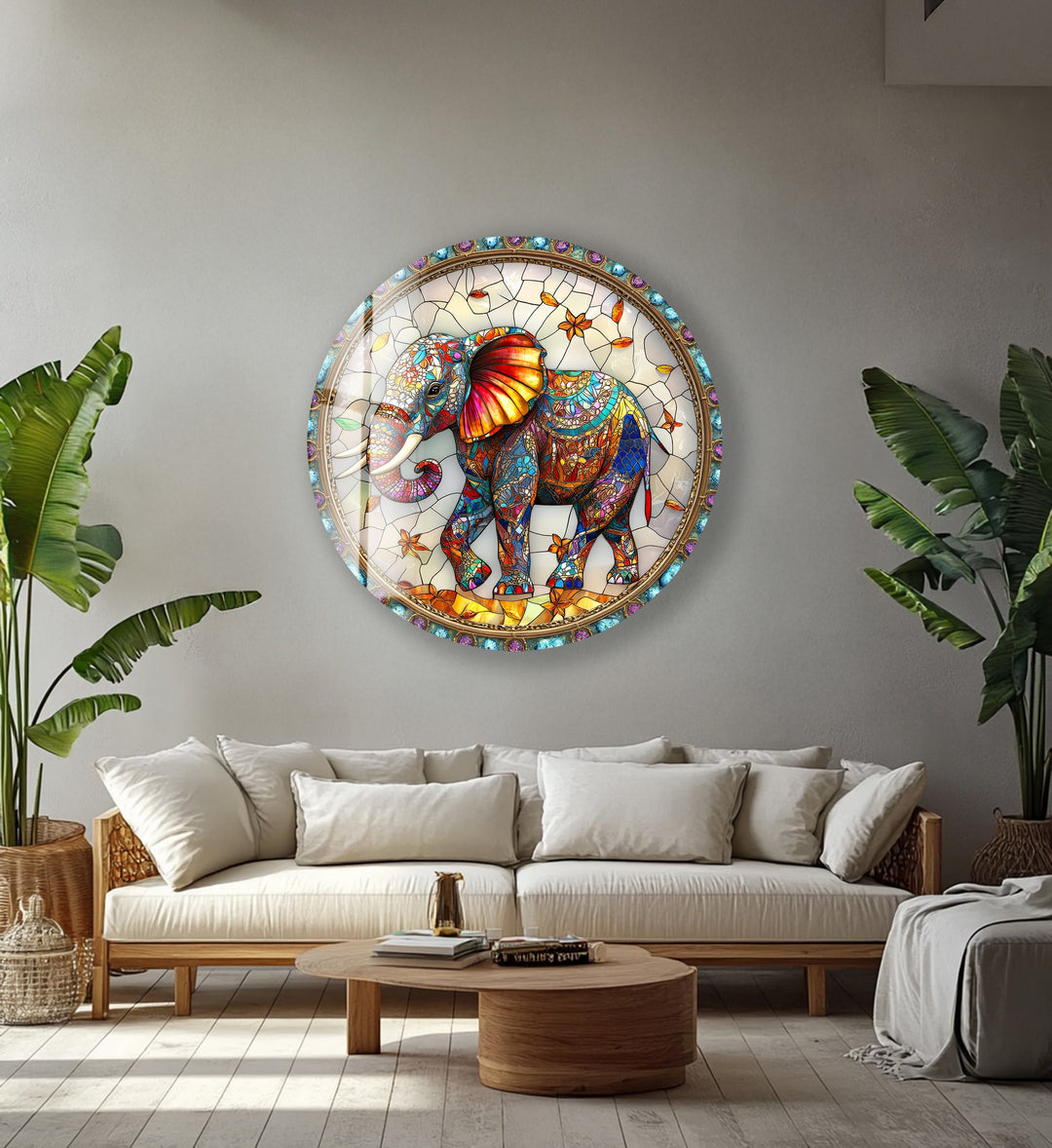 Majestic Mosaic Elephant – Round Glass Wall Art