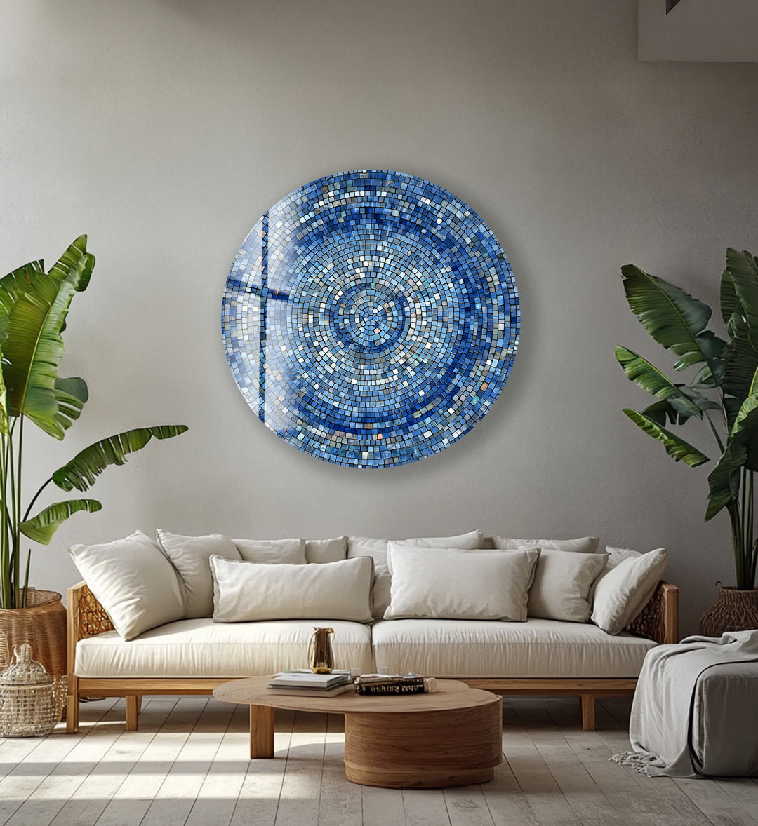 Celestial Blue Mosaic – Round Glass Wall Art