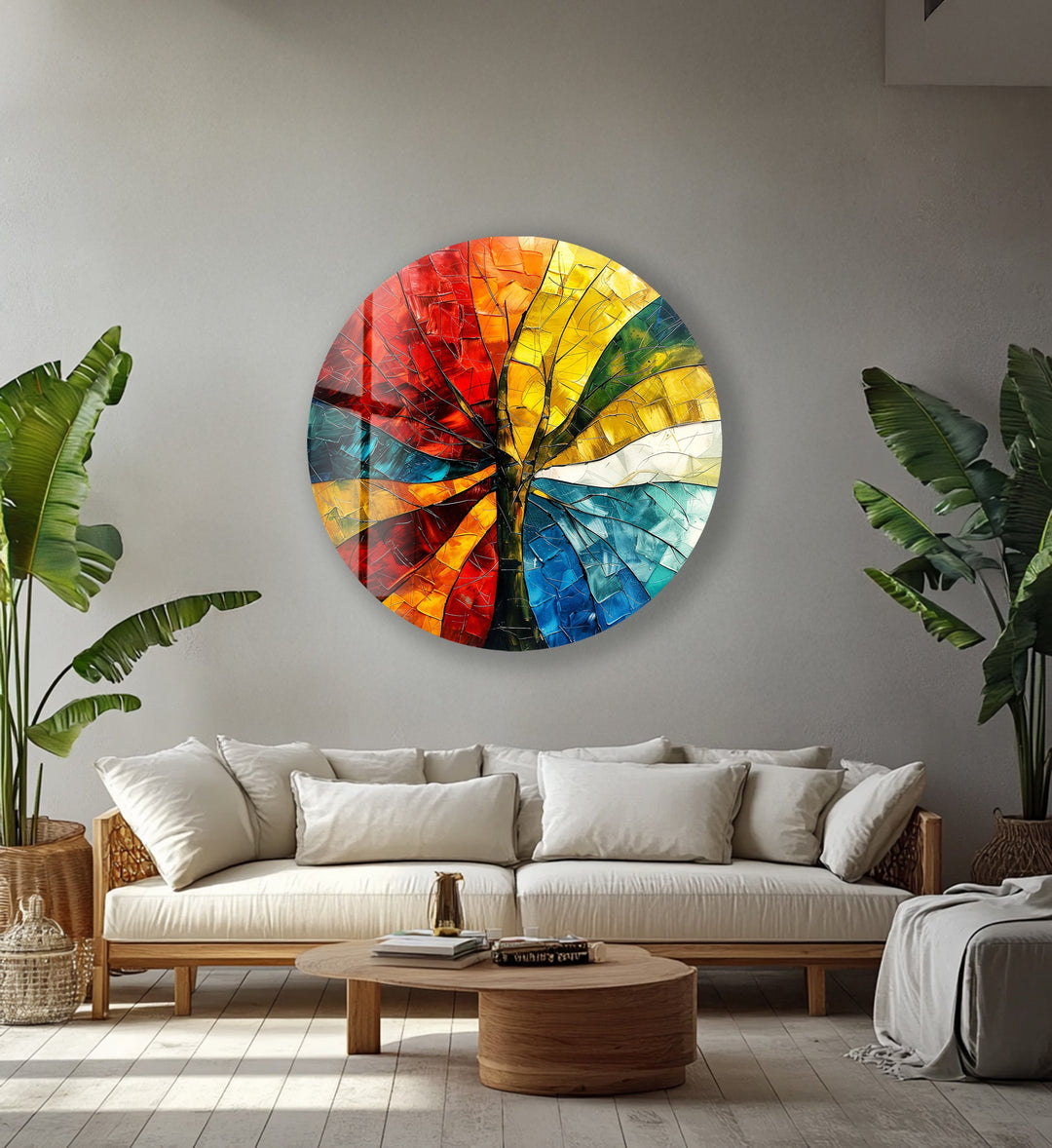 Chromatic Bloom – Multicolor Abstract Tree Round Glass Wall Art