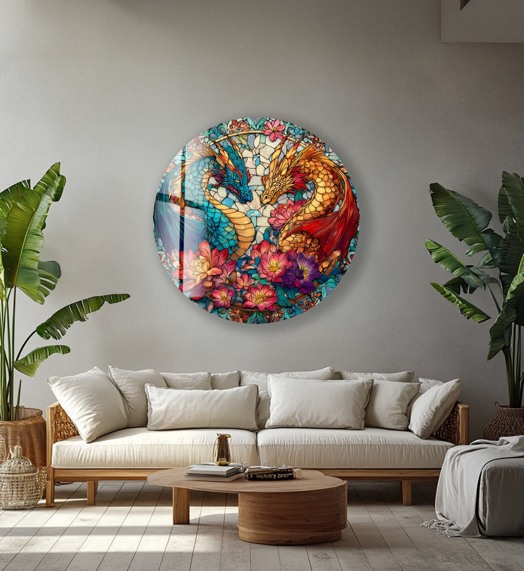 Dual Dragon Stained – Round Glass Wall Art