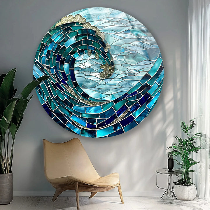 Golden Crest Wave Mosaic Round Glass Wall Art - MyPhotoStation